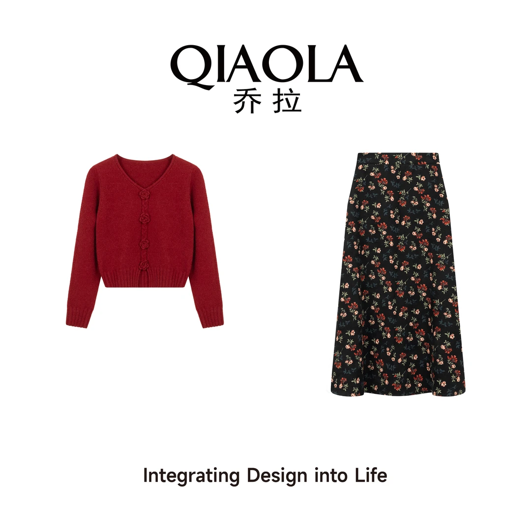 QIAOLA/乔拉【馥郁花园】秋冬季北极绒立体玫瑰碎花A版时尚套装预售