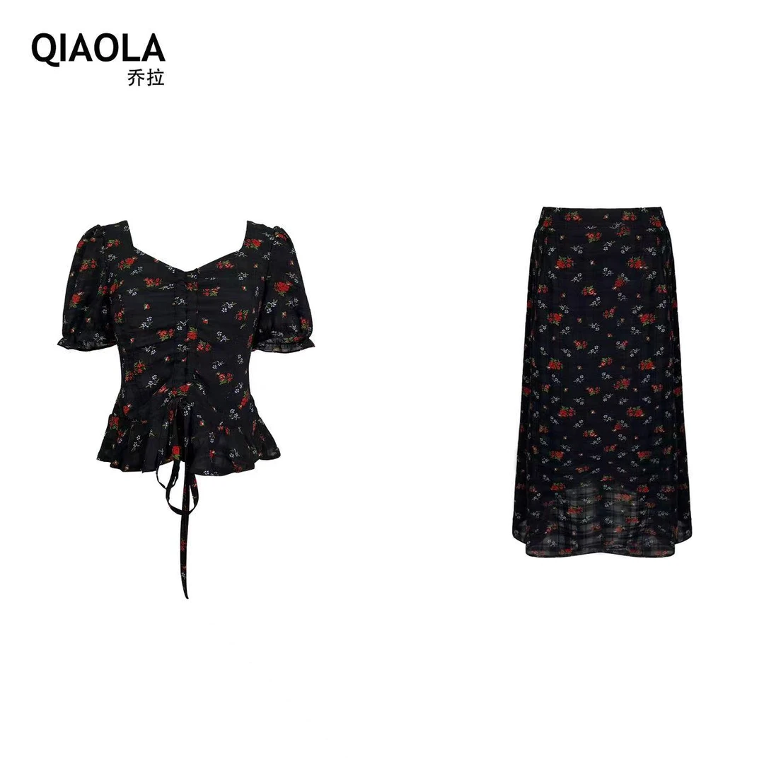 QIAOLA/乔拉【花城秘境】夏定制肌理感雪纺碎花桃心领中式半裙套装