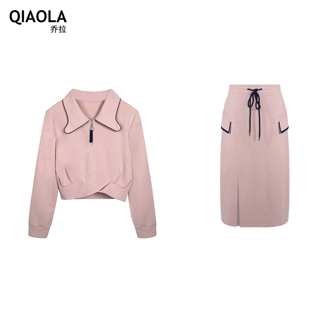 QIAOLA/乔拉【蜜桃乐章】春秋款特密蜂窝巢翻领绑带减龄时尚套装
