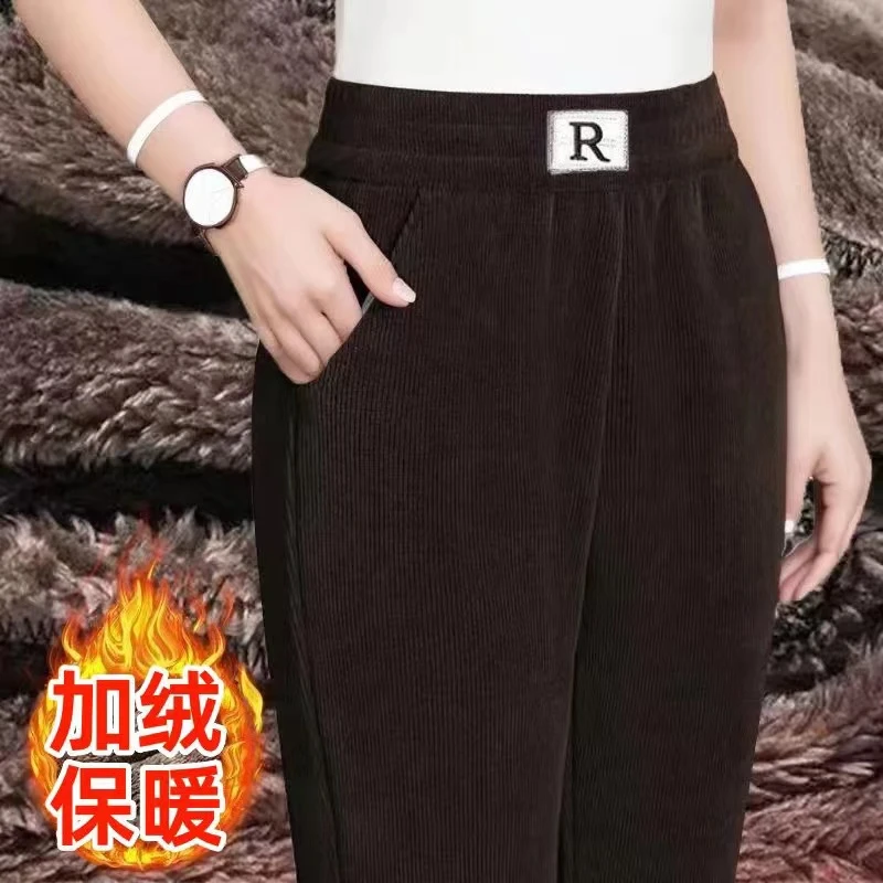 【超细条】欧棉绒裤子女加厚加绒高腰宽松大码哈伦裤休闲直筒女裤