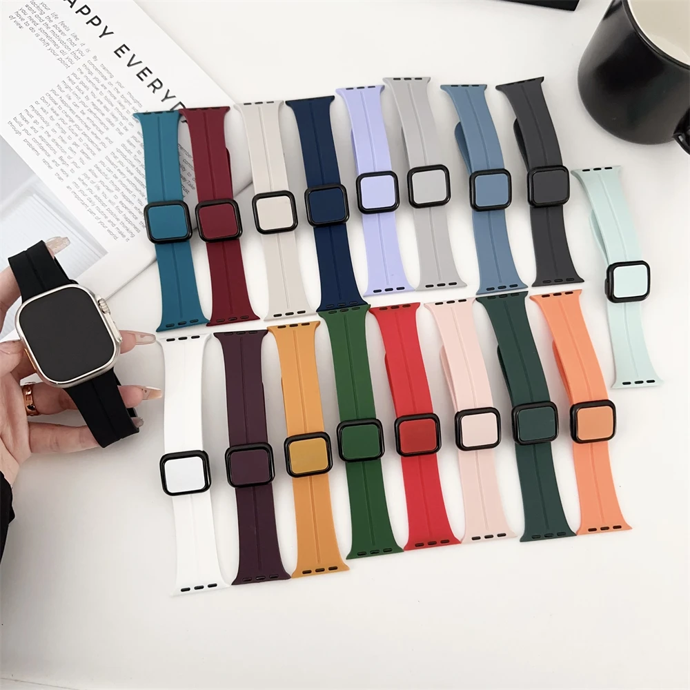 适用苹果手表iwatch s9新款方扣磁吸折叠扣表带蝴蝶结S876543硅胶
