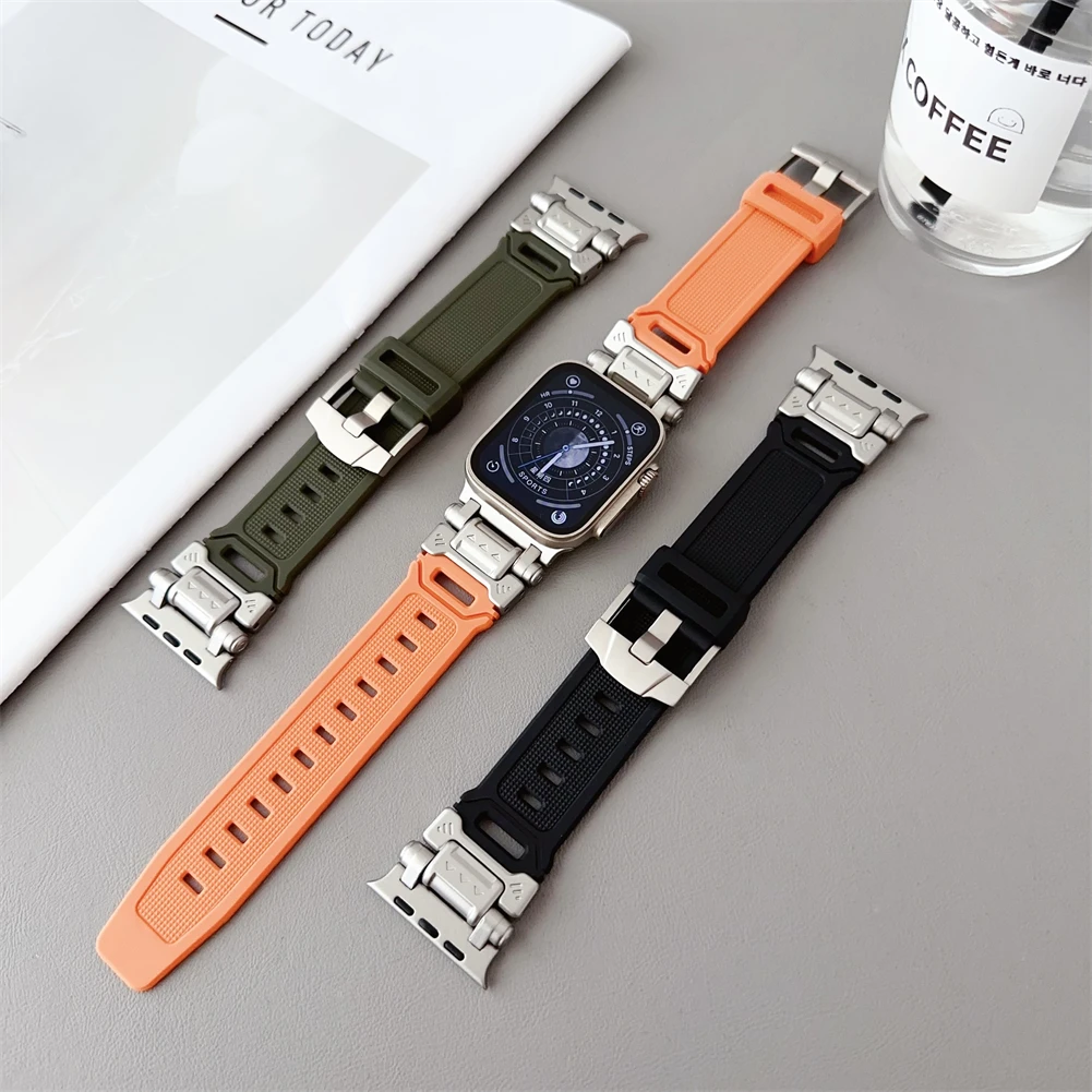 户外机甲风表带适用苹果手表Ultra2金属头铠甲软胶腕带iwatchS987