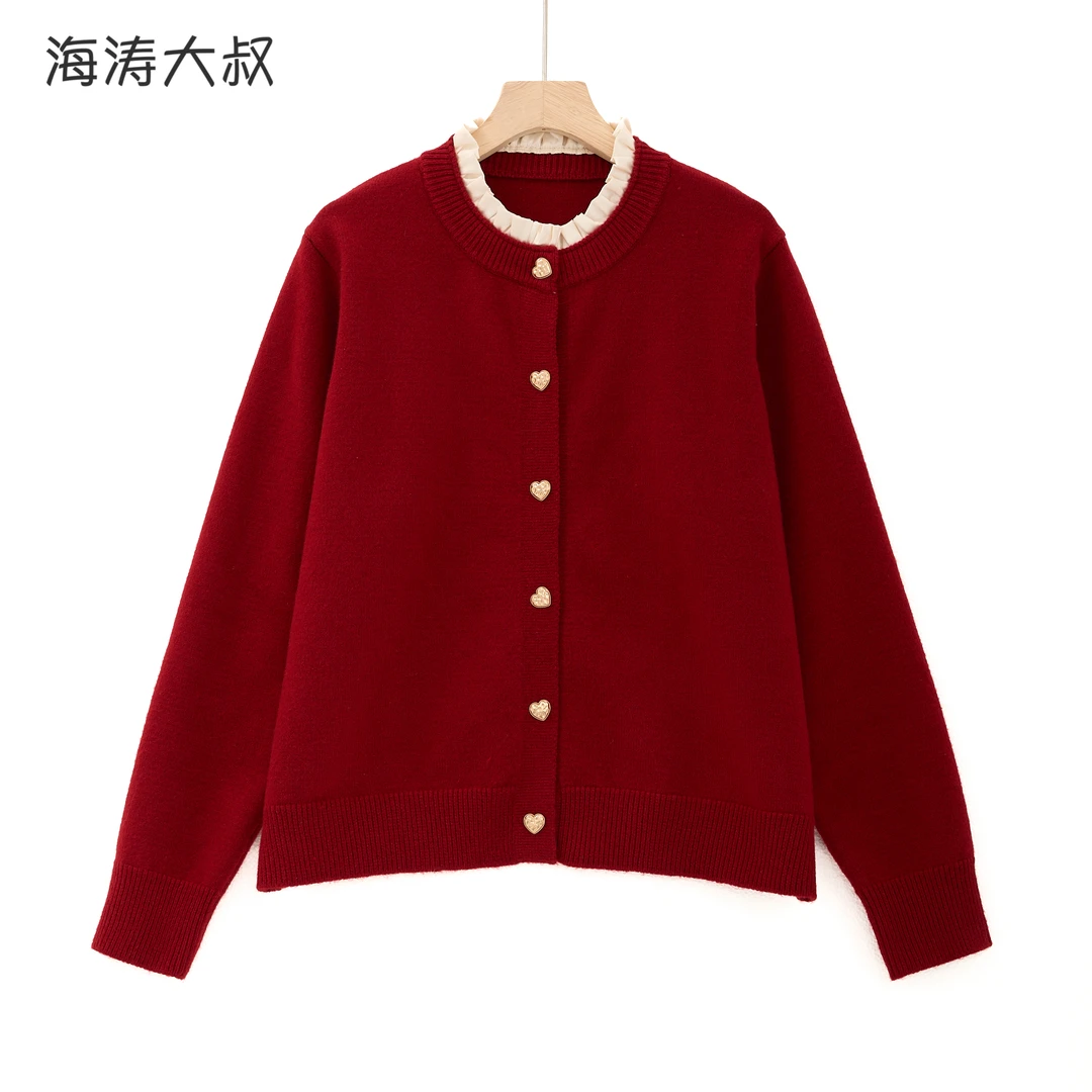 【海涛大叔】花边领爱心扣针织开衫 MJ7636