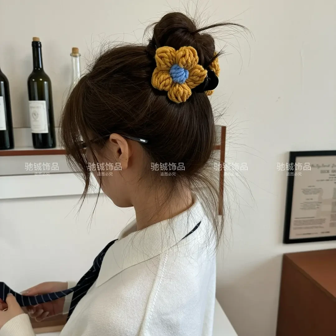 甜美花朵~双面针织毛线花朵丸子夹甜美少女感发夹韩系慵懒抓夹