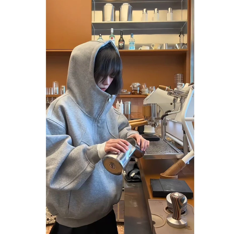 LIGGICC美式重磅连帽浅灰色拉链开衫廓形卫衣男春秋衫解构外套潮