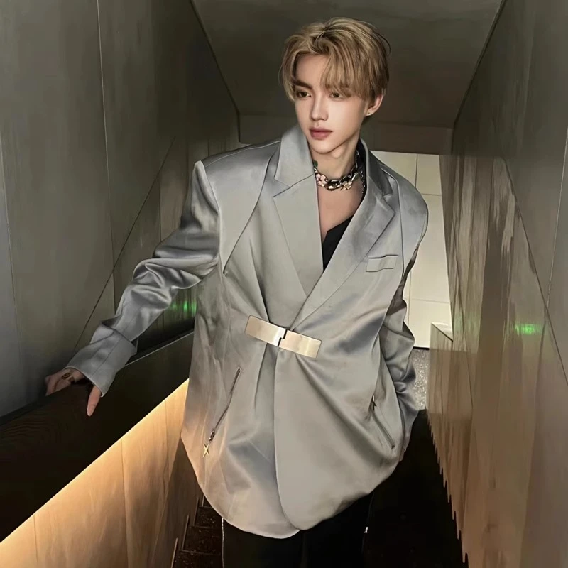 银灰色休闲西装外套男设计感小众痞帅高级感男装西服男模衣服潮流