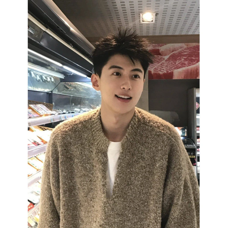 美式复古v领毛衣男秋冬季慵懒风高级感cleanfit情侣装针织衫外套