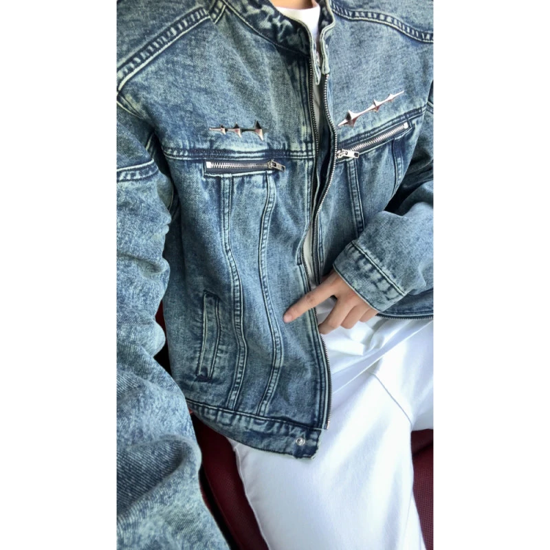 美式短款牛仔外套男士秋季新款潮牌男装潮流垫肩立领牛仔夹克2024