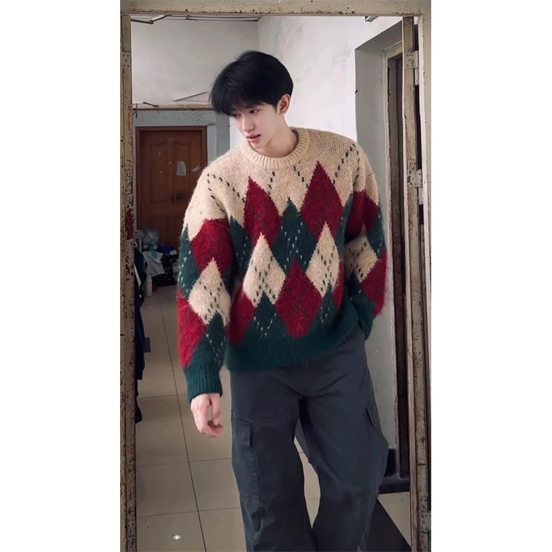 慵懒风复古撞色圣诞毛衣男款冬季加厚美式潮牌圆领宽松情侣针织衫
