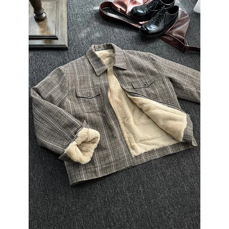 sukcho威尔士亲王千鸟格外套男冬季加绒cleanfit仿兔毛座山雕夹克