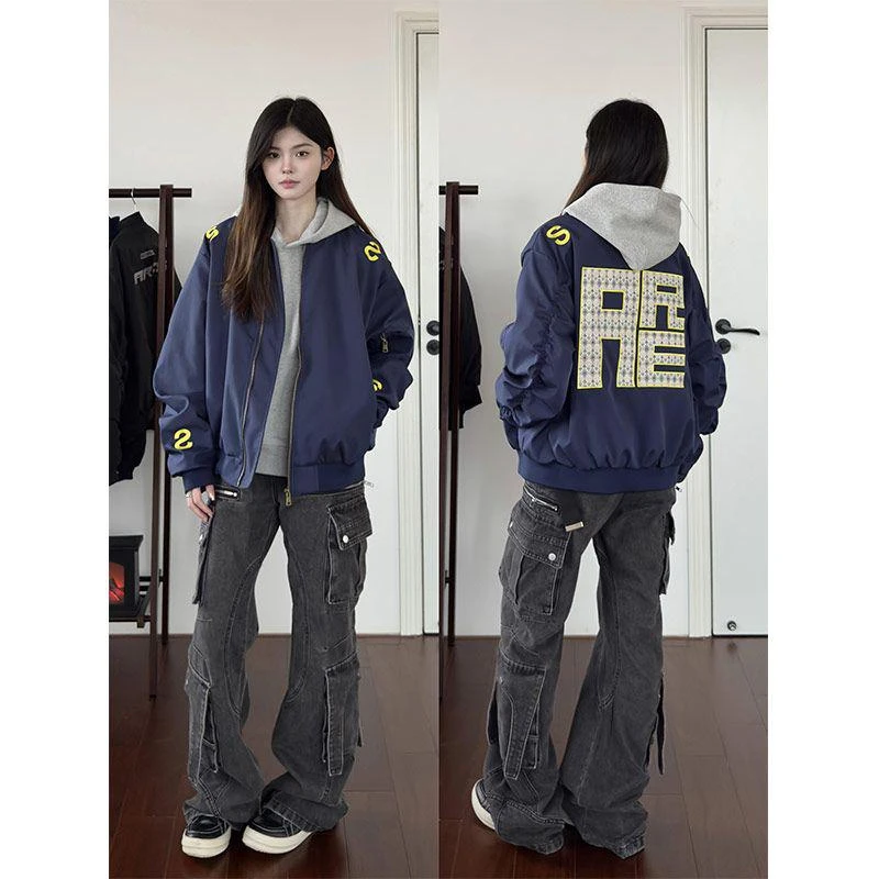 LIGGICC藏青色棒球服男女春秋季美式飞行员设计感夹克情侣外套潮