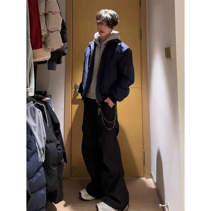 saiw藏青色美式飞行员夹克棉衣男冬季立领棒球服短款廓形工装外套