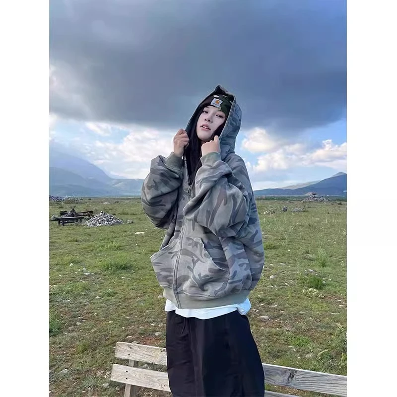 美式复古水洗迷彩外套男春秋款宽松连帽开衫卫衣高街情侣夹克上衣