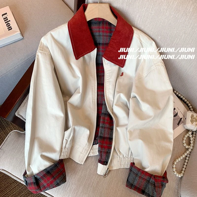 美式复古刺绣翻领外套女秋2024新款宽松休闲甜酷风短款上衣潮