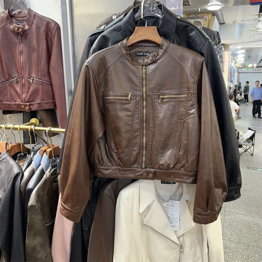 2024春秋新款韩版复古圆领宽松短款皮衣时尚百搭皮夹克外套女潮