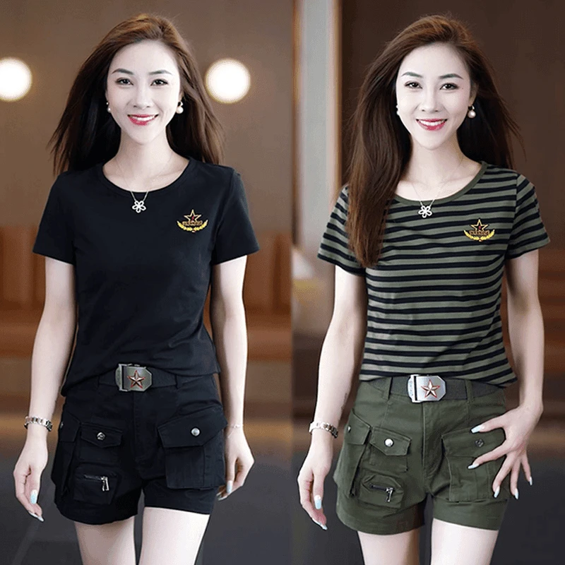 显瘦黑色条纹迷彩服夏季新款休闲运动短袖短裤工装套装女小个子潮