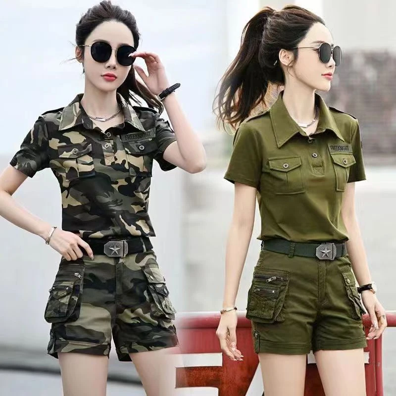 迷彩服套装女薄款夏季新款大码工装短袖短裤休闲时尚显瘦两件套