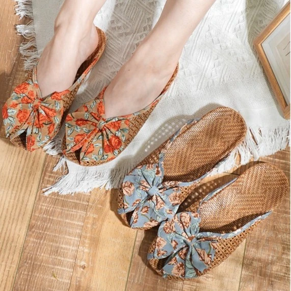 新款夏季女韩版蝴蝶结可外穿亚麻凉席藤草轻便半包头竹编家居拖鞋