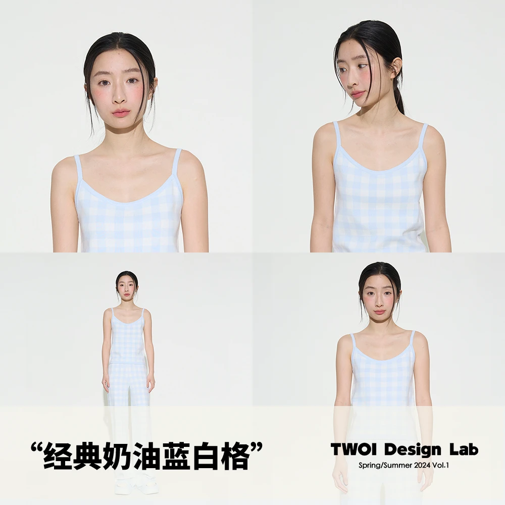 TWOI Design Lab "经典奶油蓝白格"「毛织花边吊带」