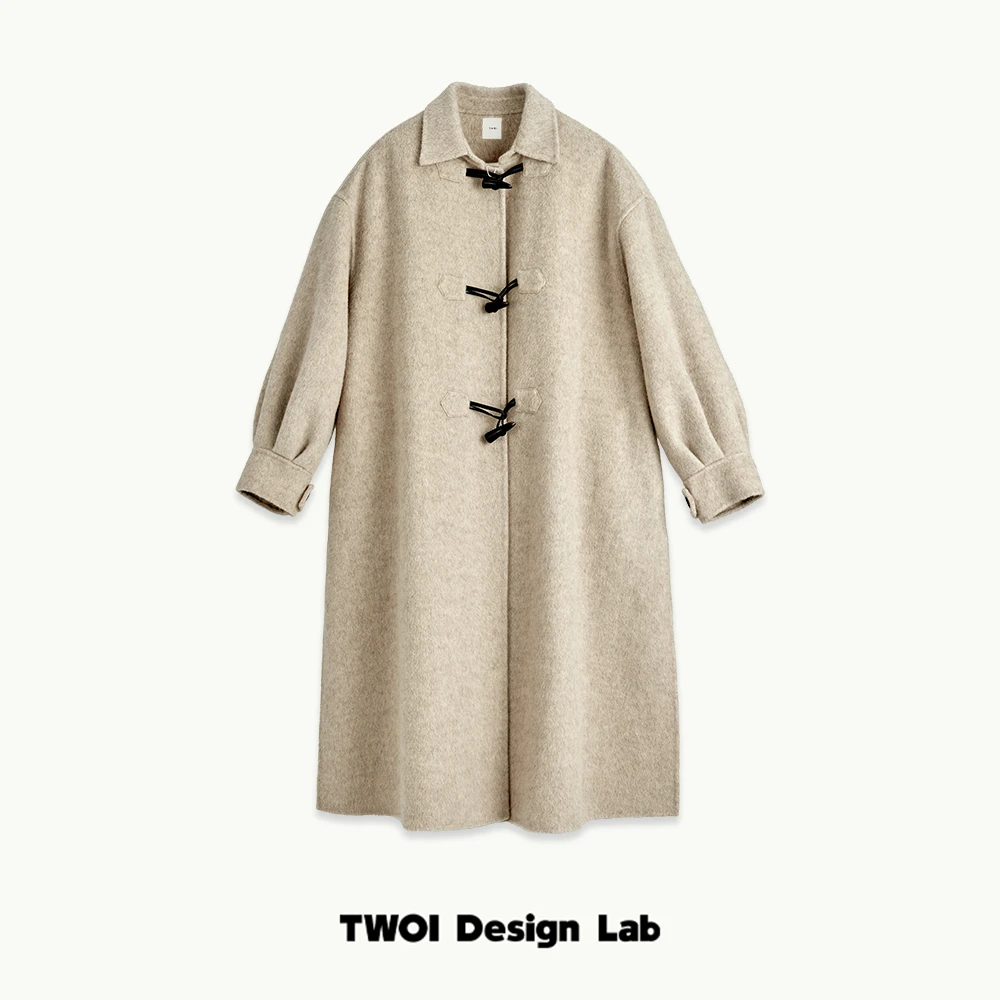 TWOI Design Lab"奶女·舒适"「奶油灰咖驼绒牛角扣双面呢大衣」
