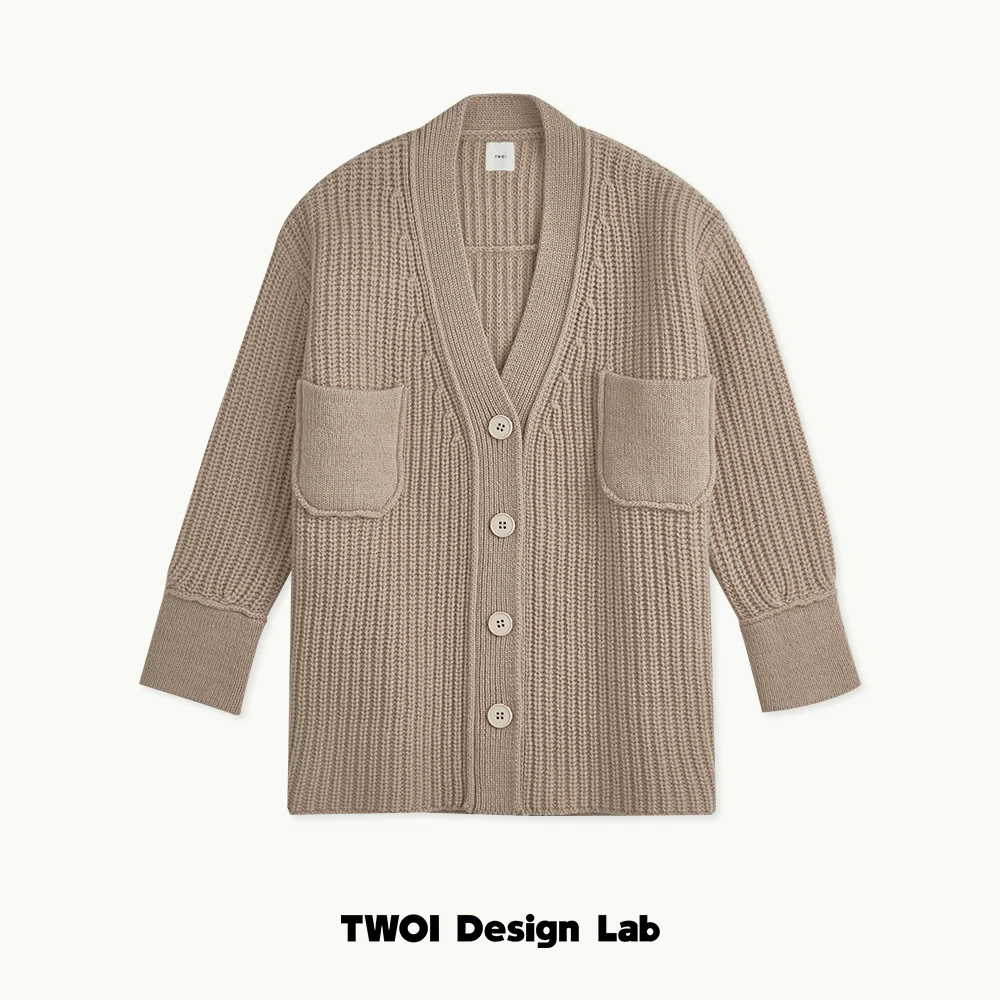 TWOI“奶油驼包裹大粗针”100%澳毛「温暖织物重磅大开衫毛衣」