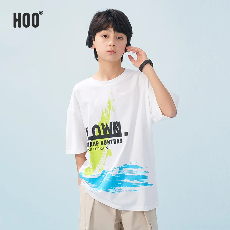 HOO中大童男童夏季上新时尚圆领字母短袖潮酷宽松T恤胖童4717A