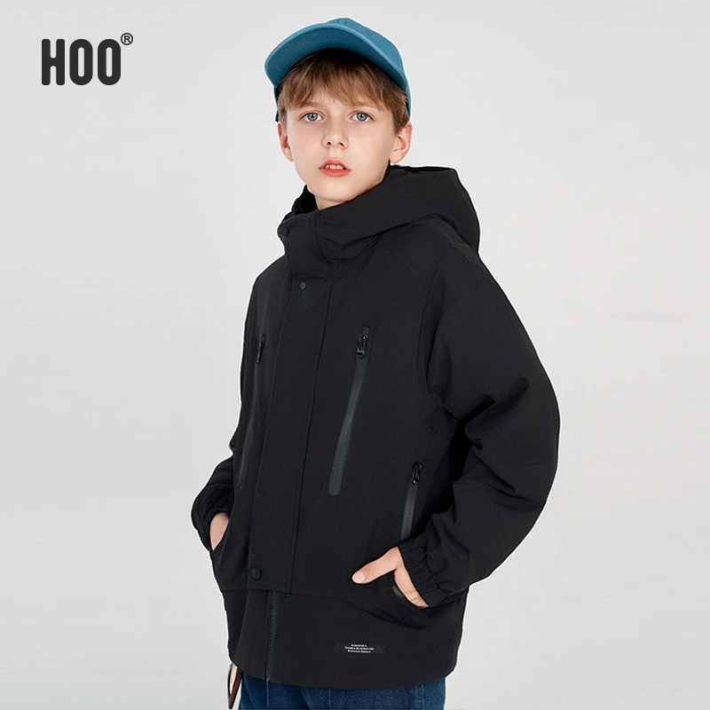 HOO冬季青少年棉服连帽防风中大童加厚保暖男童户外休闲棉袄4975