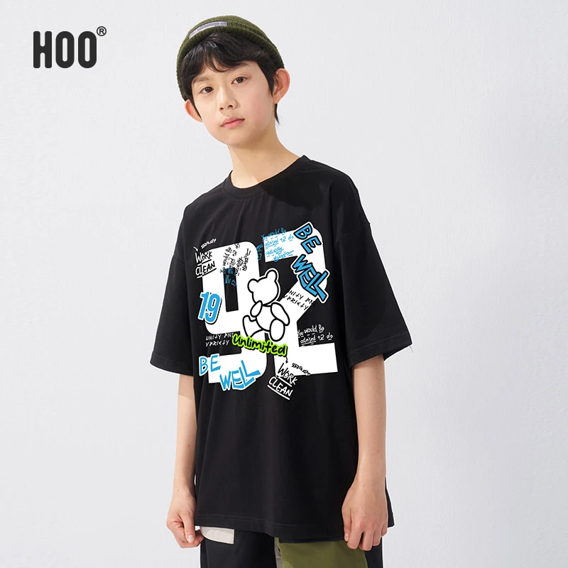 HOO夏季男童半袖儿童时尚圆领棉T恤宽松潮流动漫小熊印花儿童1393