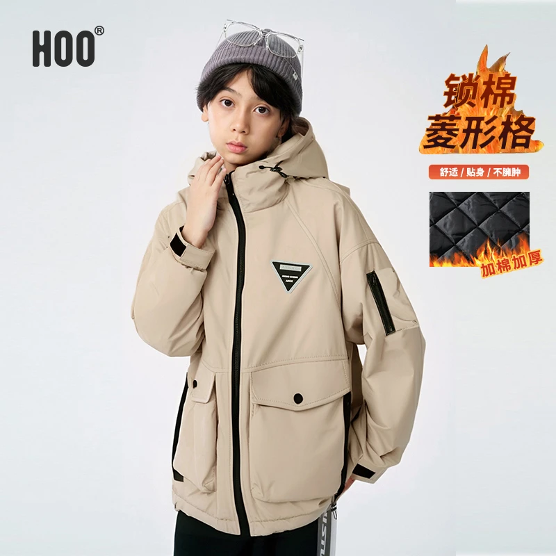 HOO中大童棉衣男童休闲连帽保暖防风棉服运动加厚男孩棉袄4967