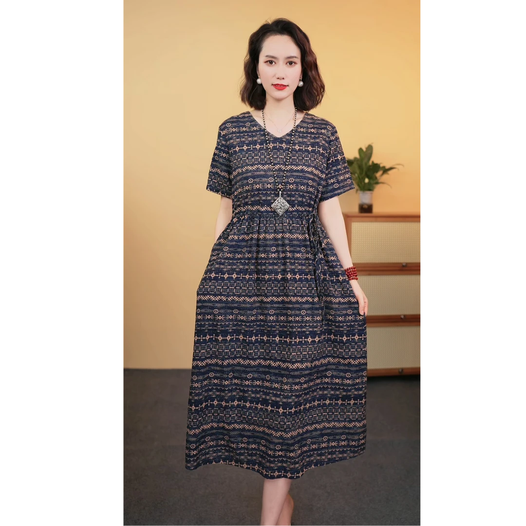 《青花瓷老花》121-8625夏季2024新款印花短袖显瘦气质宽松连衣裙