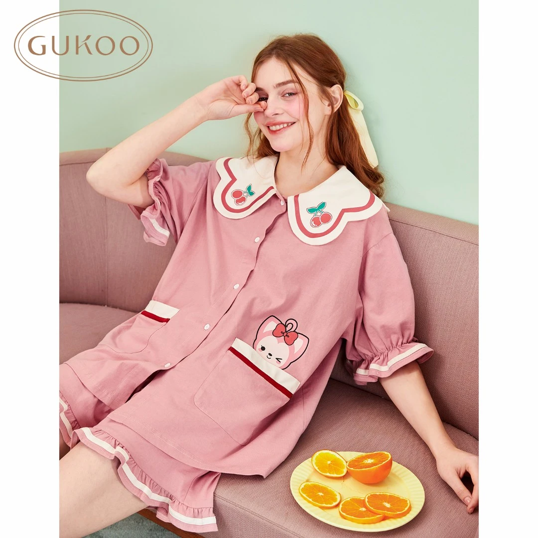 【Gukoo果壳】夏季阿狸卡通翻领休闲纯棉女士家居服多色睡衣套装