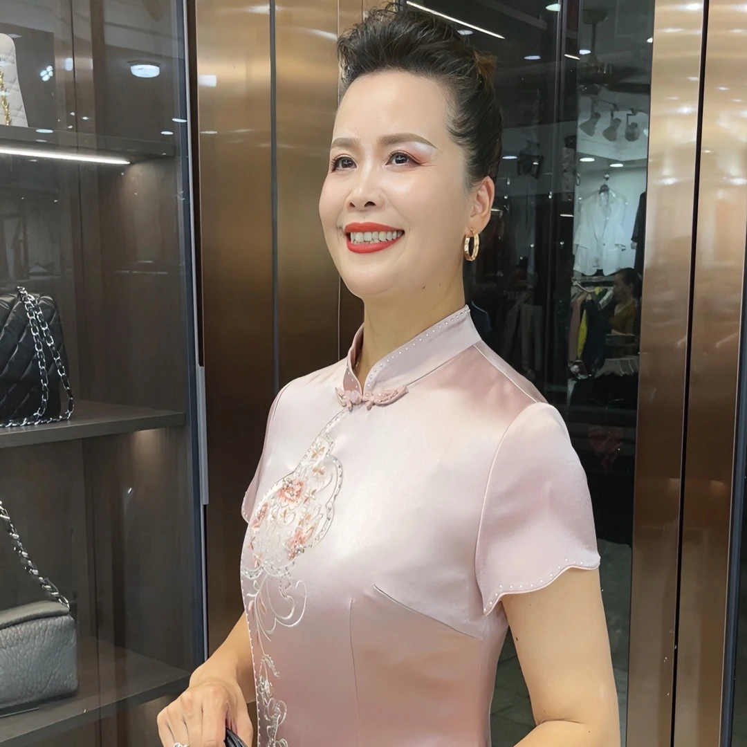 高级粉色绣花中国风长款时尚修身礼服旗袍LY17051