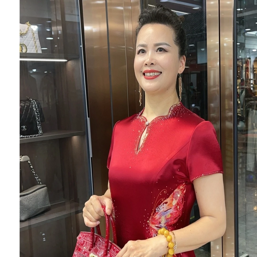 高级红色中式修身花领气质中长款婚宴妈妈礼服LY170366
