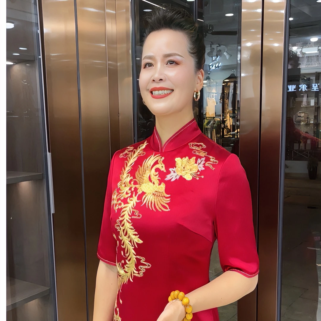 高级婚宴红色金线刺绣豪华中国风修身礼服旗袍LY17921