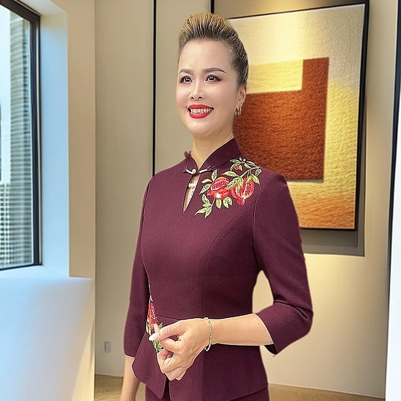 高级绵羊毛石榴花开多子多福中式中国风绣花套装妈妈礼服ZZY17901