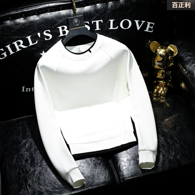 欧货新款男士套头衫美式休闲圆领针织面料黑白拼色条纹假两件卫衣