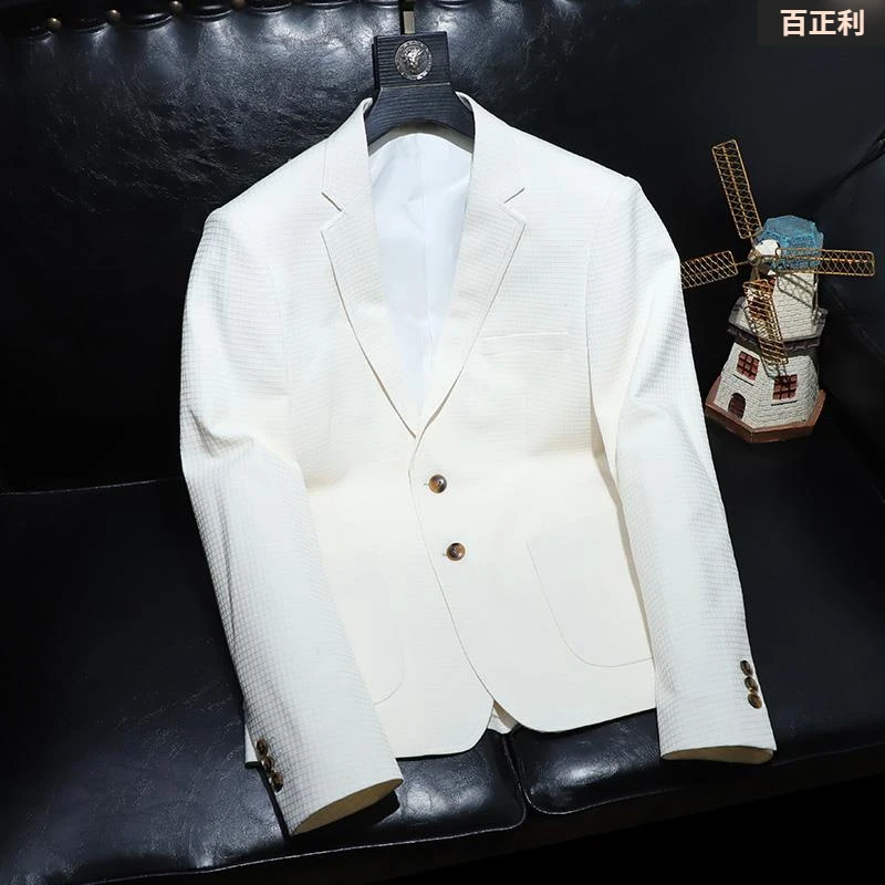 欧货西服男潮流高级感休闲青年两粒扣便服格子单西男装修身外套男