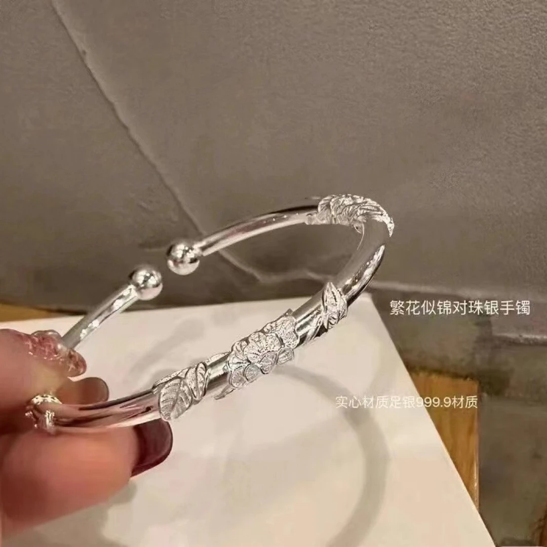 足银手镯 繁花对珠掐丝手镯手工气质百搭精美可调节设计感