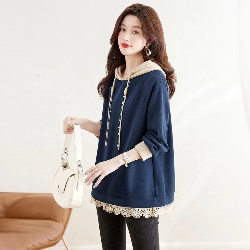 时髦蕾丝拼接连帽抽绳卫衣女秋季2023新款欧货大码宽松休闲外套女