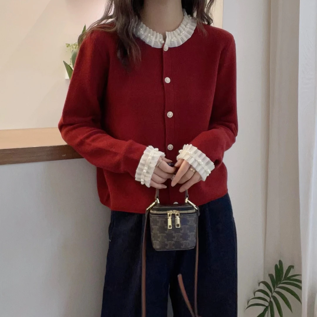 【荷叶边钉珠】欧货小香风圆领针织开衫气质小香毛衣外套长袖针织衫