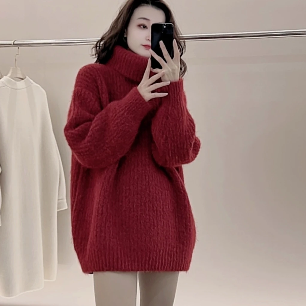 【大翻领】新年红加厚冬季慵懒风高领外穿中长款韩版宽松套头毛衣女