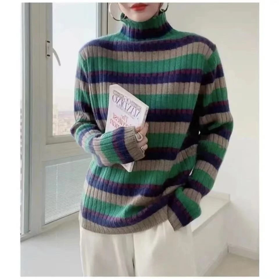 韩系彩虹条纹半高领套头毛衣打底衫配大衣内搭秋冬针织衫上衣女厚