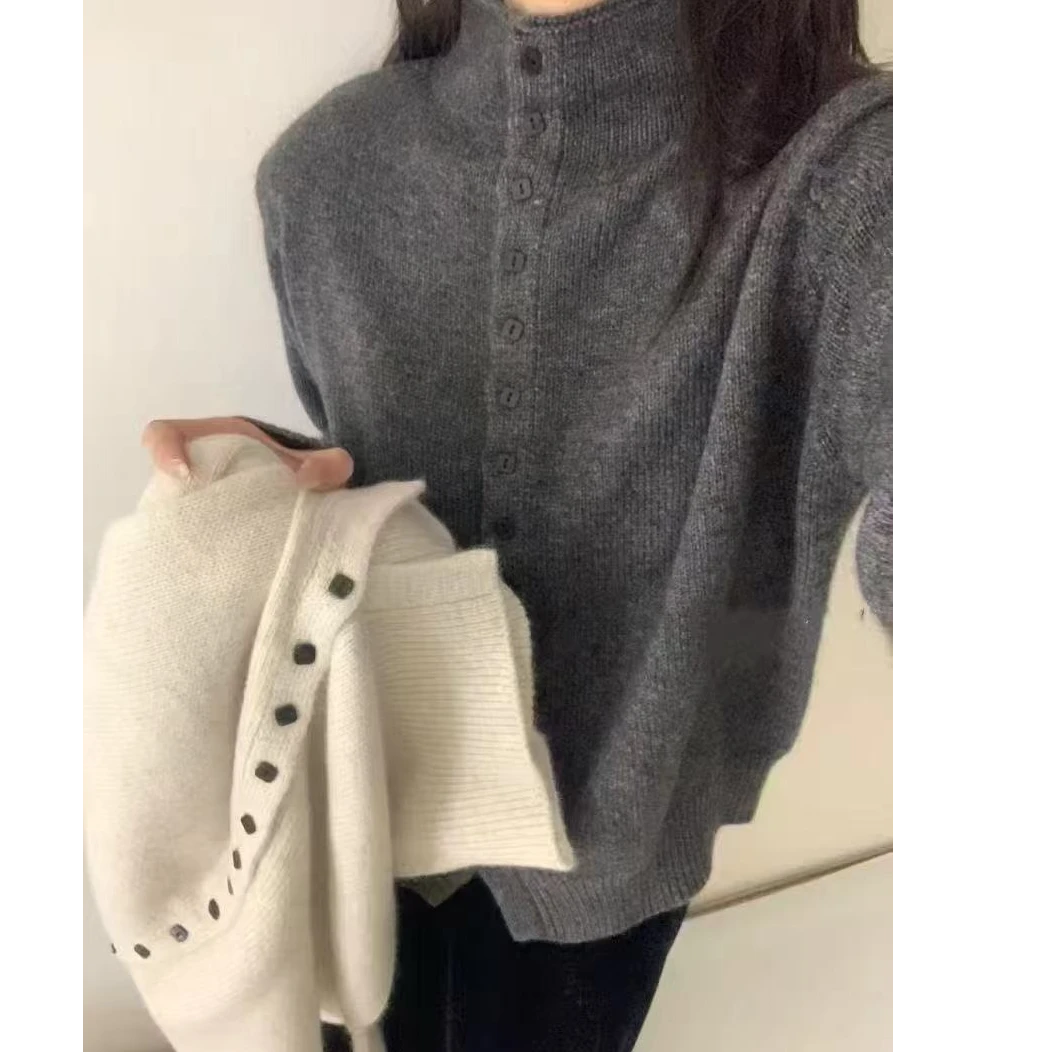 【气质小方扣】软糯半高领一排扣长袖毛针织开衫外套毛衣外搭上衣