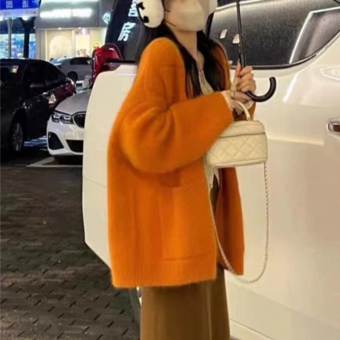 《多巴胺色系开衫》落日橘加厚韩版爆款慵懒风针织开衫外套高级感女