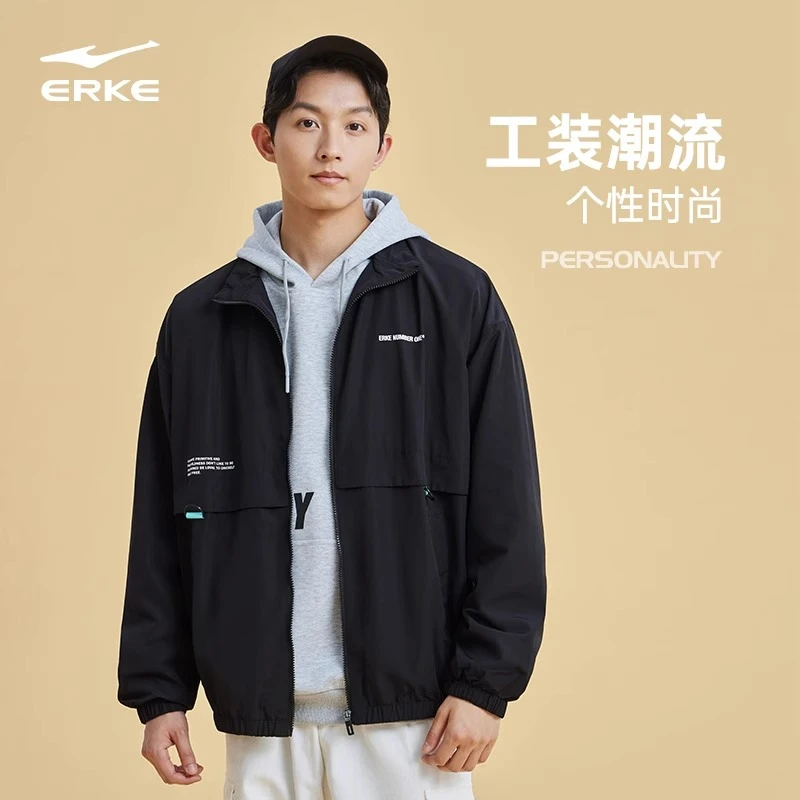 鸿星尔克夹克男款秋冬季潮流立领工装休闲百搭运动风衣外套-3011