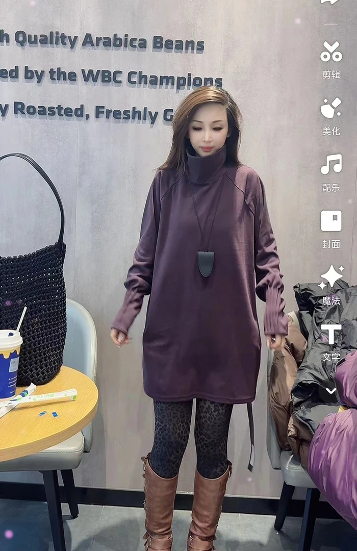 【王大美】秋冬季新款时尚洋气慵懒双面绒袖口压褶长袖上衣3092款4