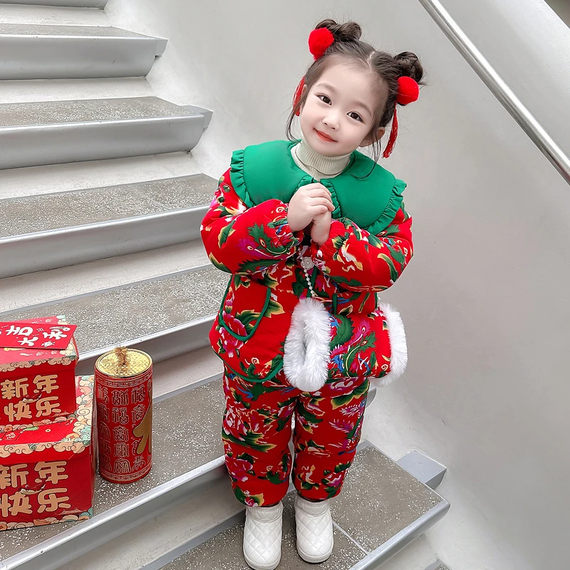 女童冬季东北大花棉袄套装女宝宝洋气加厚棉衣过年东北大花袄儿童