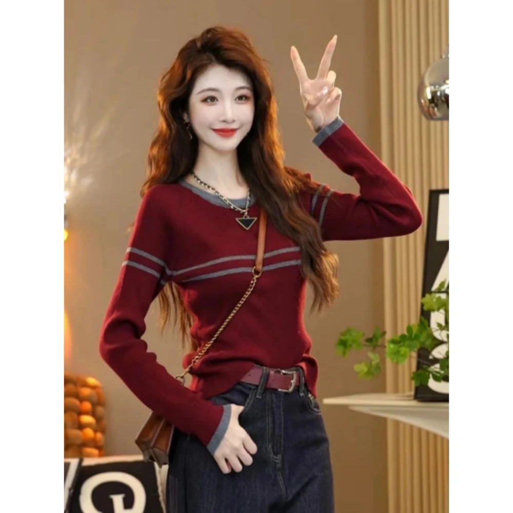 早秋时尚条纹撞色薄款针织上衣女设计感小众百搭洋气打底圆领毛衣