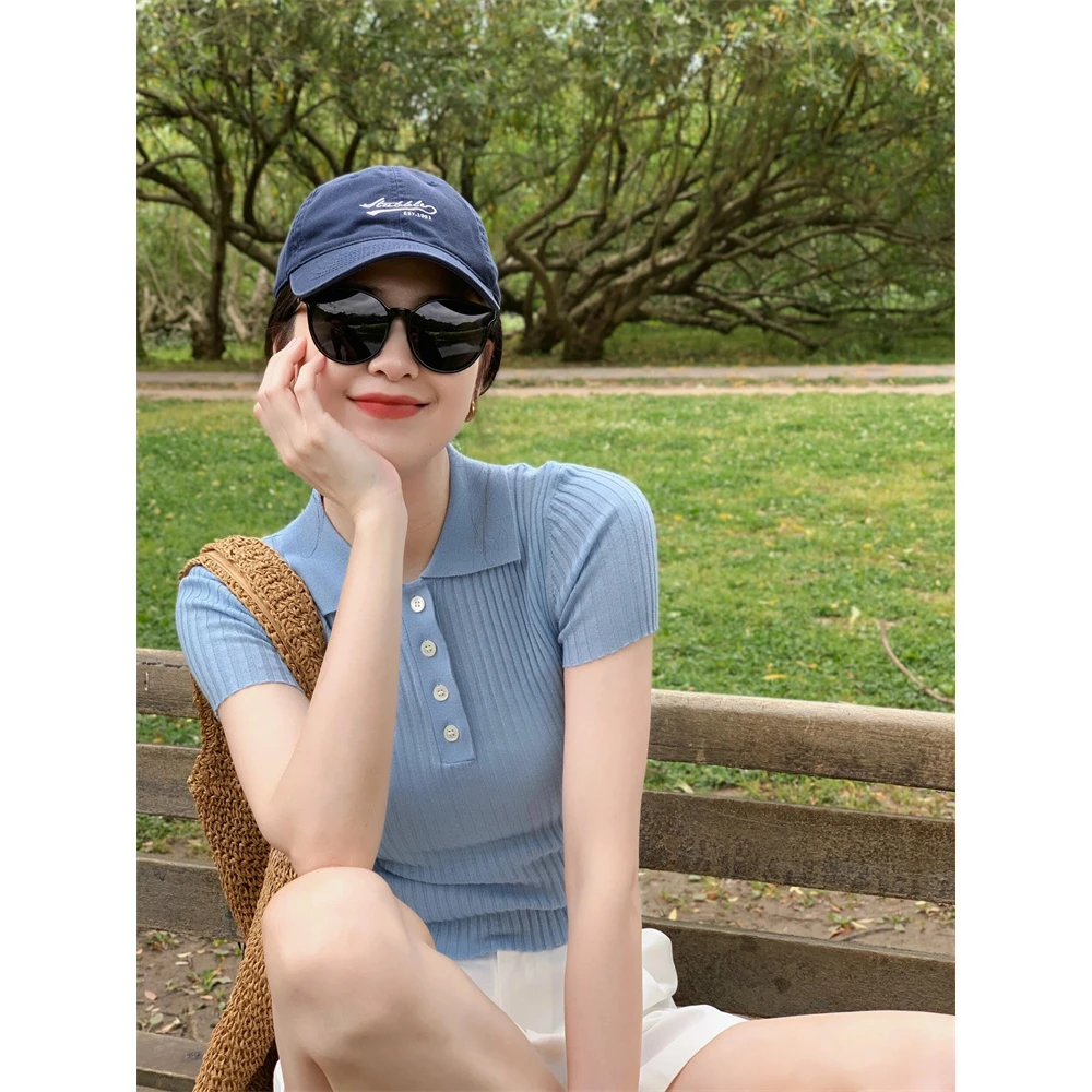 蓝色翻领正肩短款冰丝针织上衣女夏季薄款气质修身polo领短袖t恤