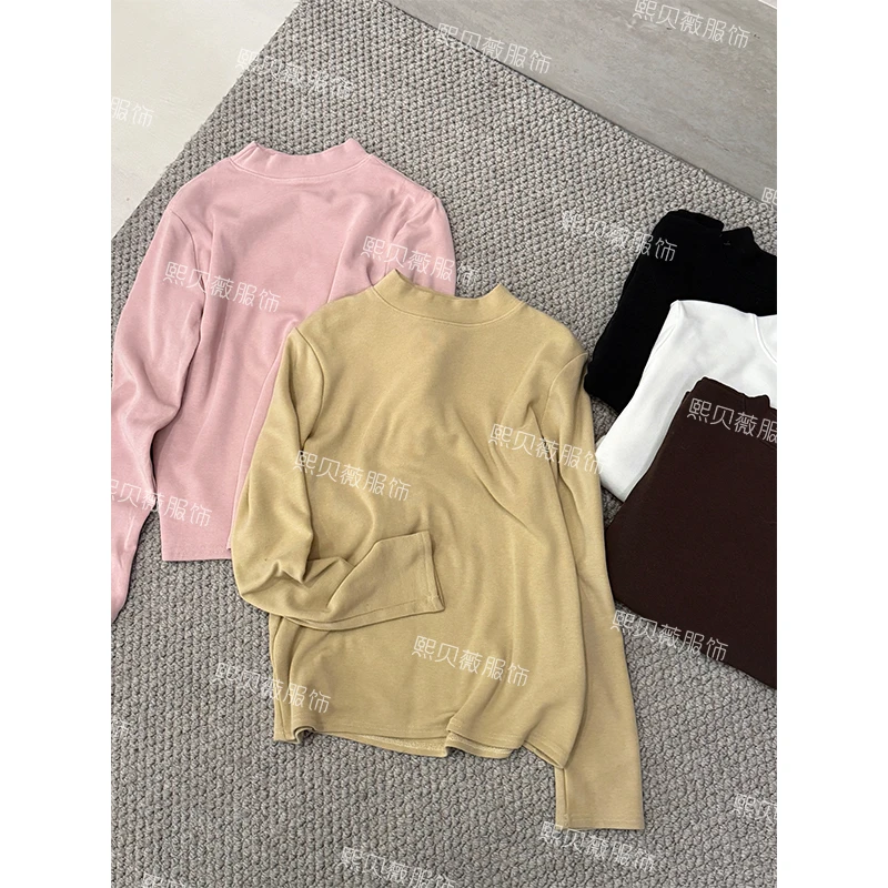 熙贝6 【中领加绒暖炉t】小立领打底衫秋冬长袖休闲百搭上衣 D8682